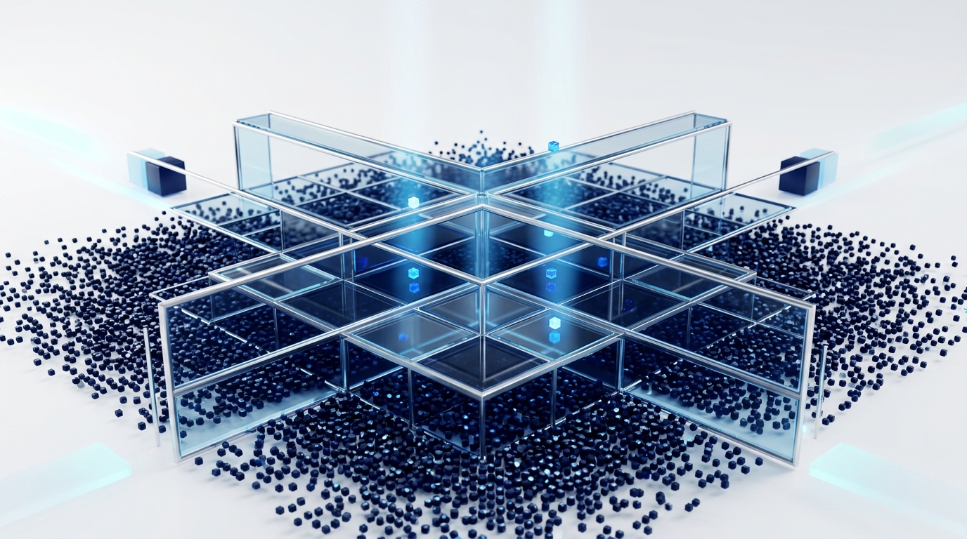 Glassy futuristic grid surfacing rare anomaly points from a vast field of blue signals