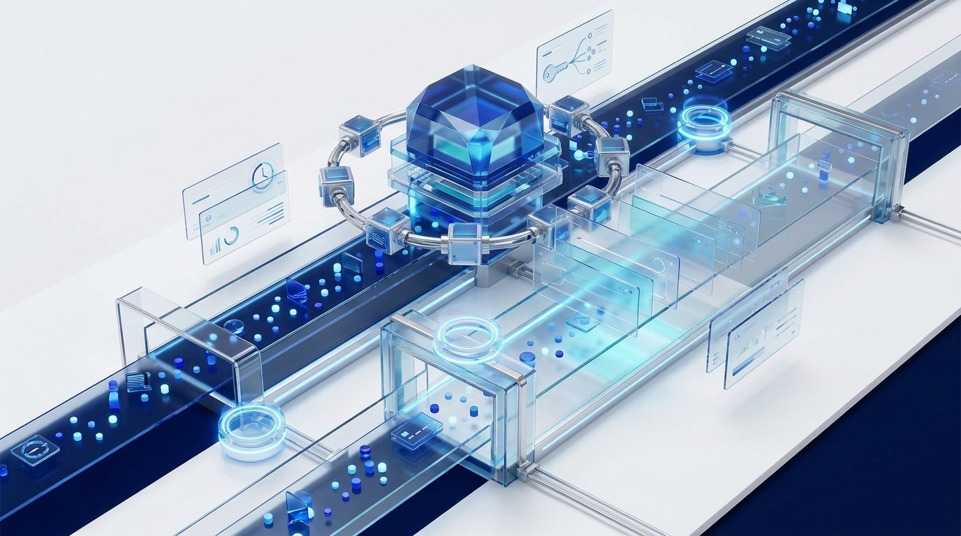 Futuristic blue 3D API evaluation scene with data blocks, glowing checkpoints, and a central fraud decision engine