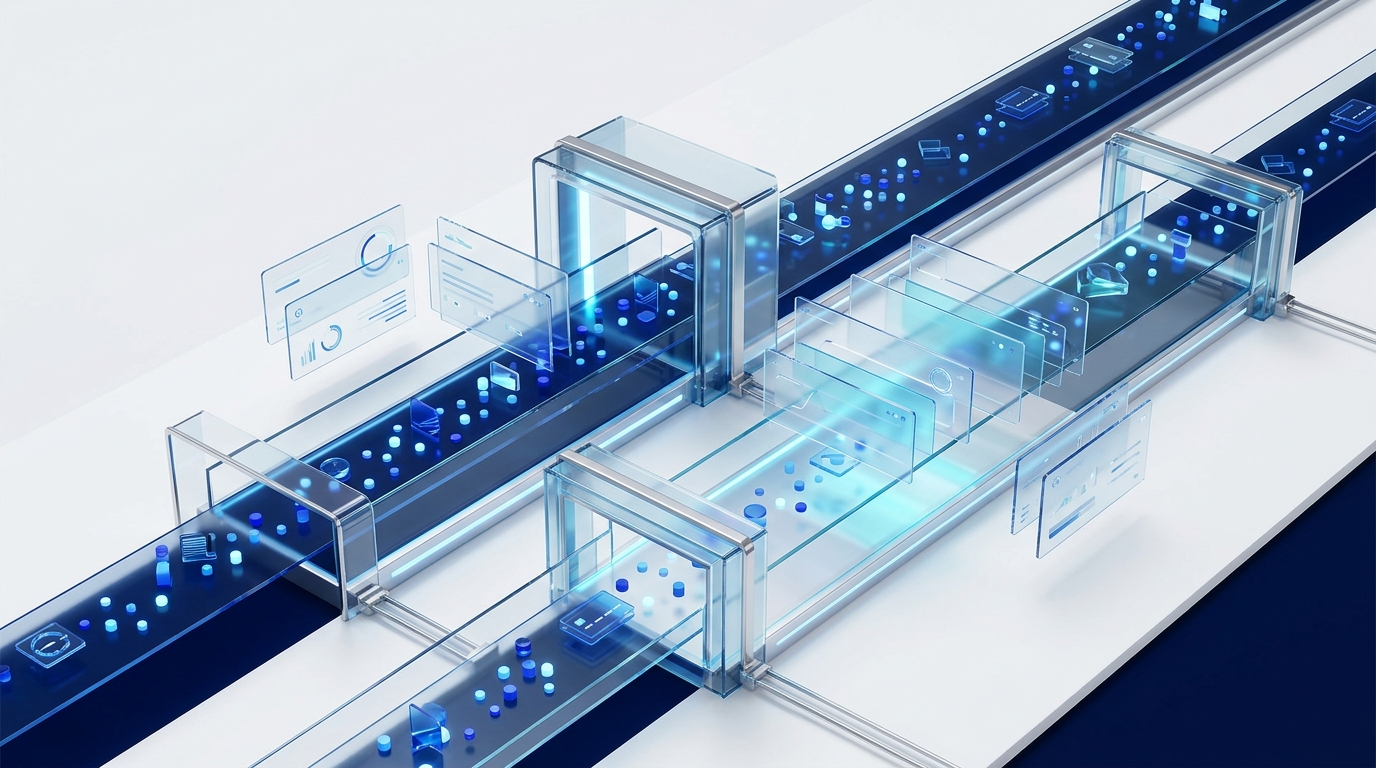 Futuristic parallel fraud evaluation lanes rendered in bright blue and glassy 3D forms